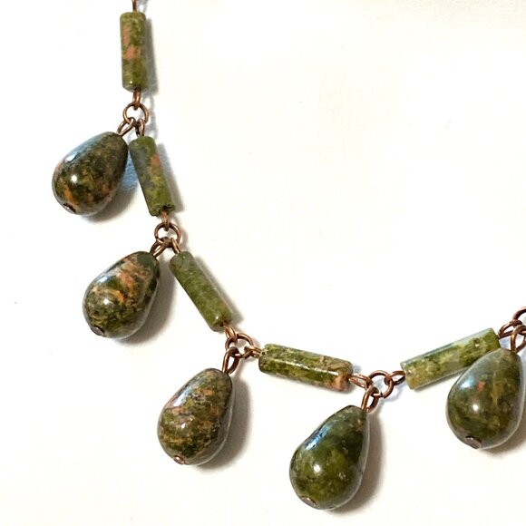 Rustic Natural Green Waterdrop Unakite Necklace, Genuine Gemstone + Copper Chain - Picture 1 of 12